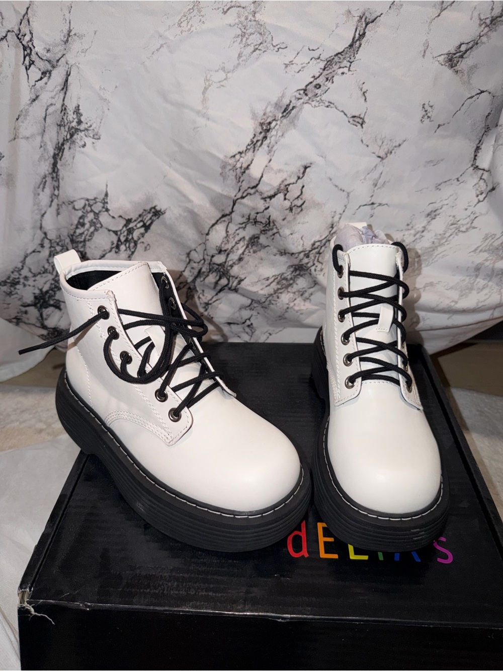 dELiA*s White Platform Lace-Up Combat Boots with Black Trim